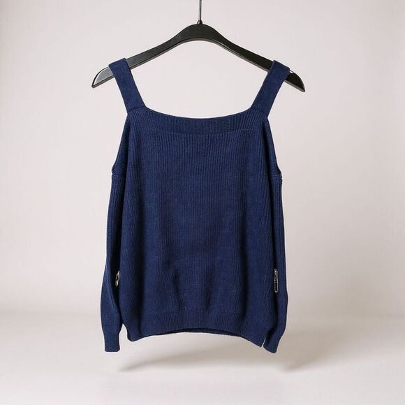 Cold Shoulder Sweater Women Small Blue Off the Shoulder Pullover Oversized Top - Picture 3 of 8